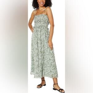 En Saison Sole Abstract Striped Print Green White Sleeveless Strappy Midi Dress